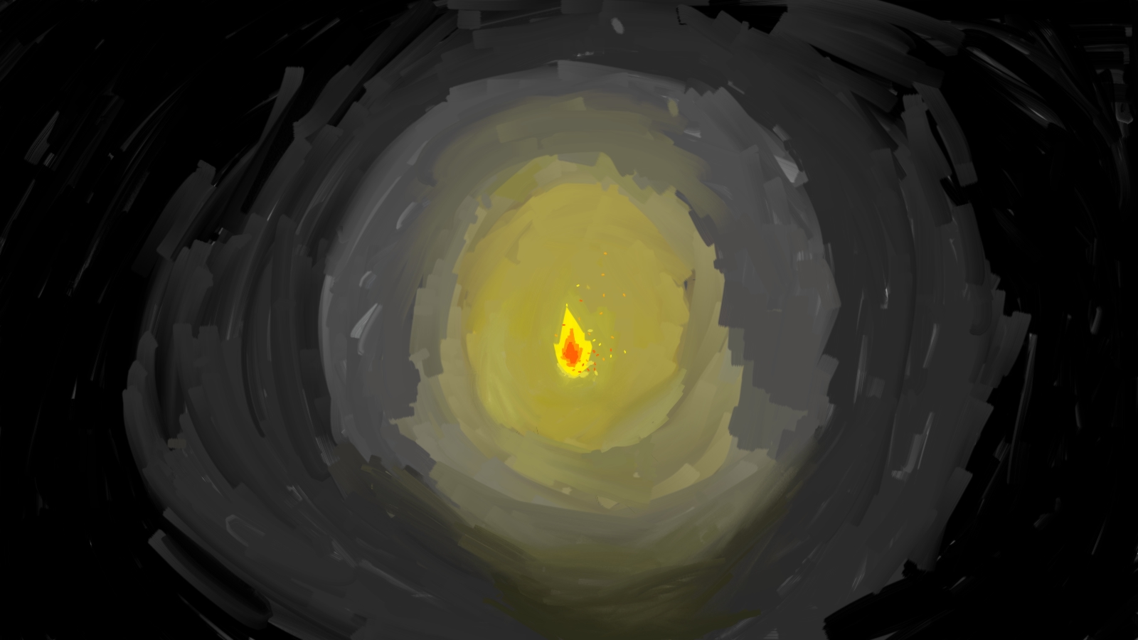 my first digitally made painting of a lone flame in the dark losing its' embers